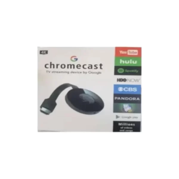 Gamma CHROME CAST box showcasing streaming device features and supported apps like Netflix, YouTube, and Hulu