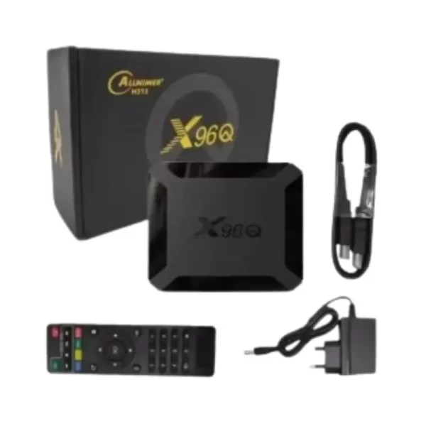 GAMMA GT-X96 X96Q Android TV Box packaging contents including remote control, power cable, and HDMI cable